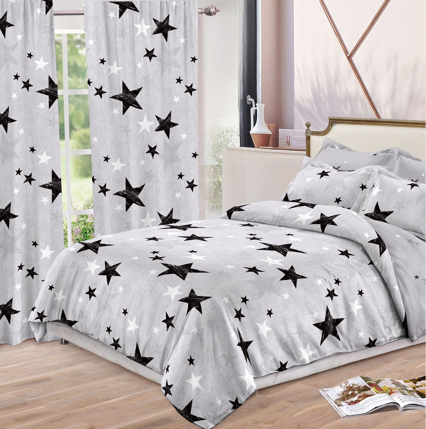 Set lenjerie de pat din bumbac finet și draperii-8 piese | 0694-SI