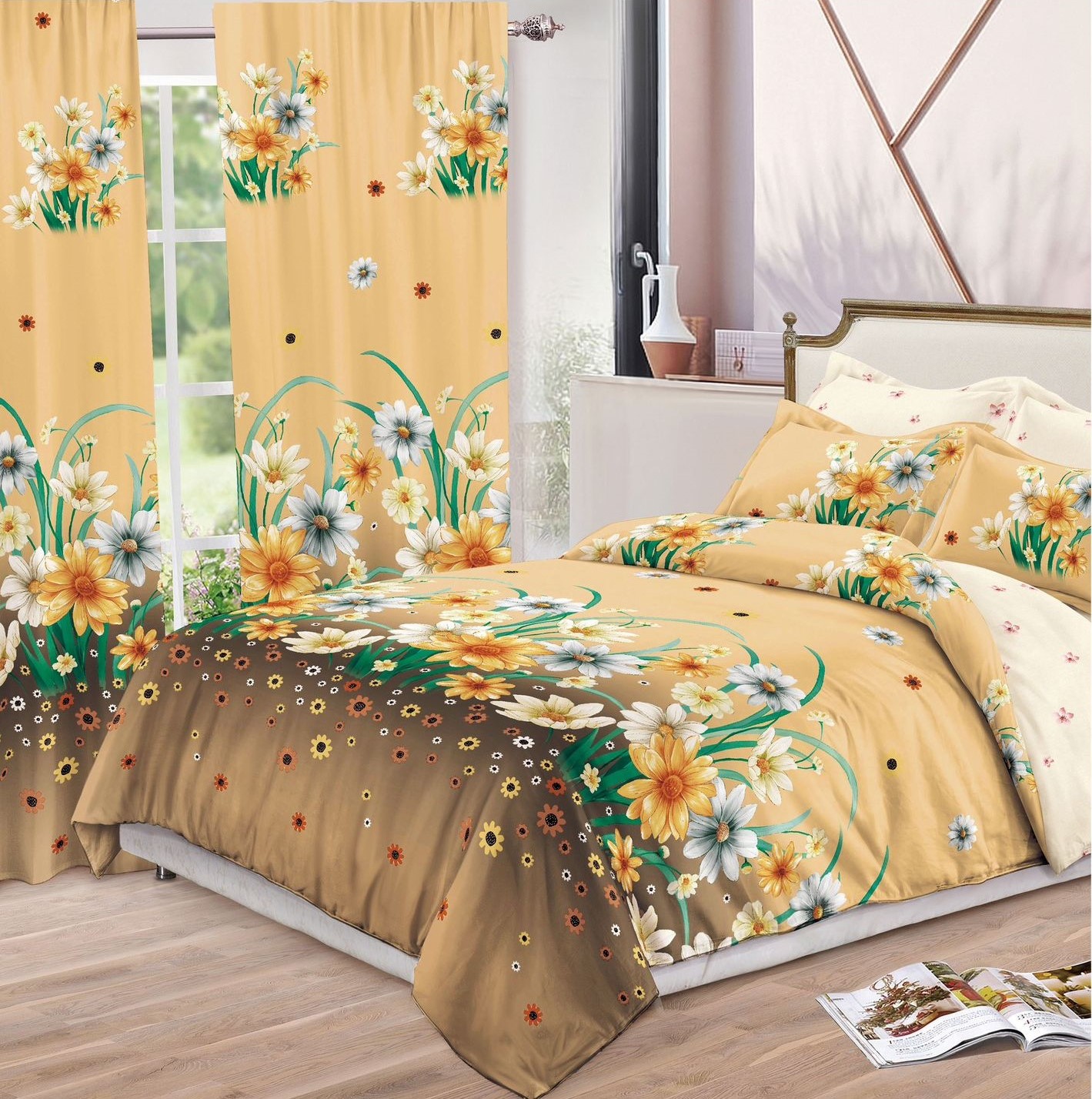 Set lenjerie de pat din bumbac finet și draperii-8 piese | 0695-SI