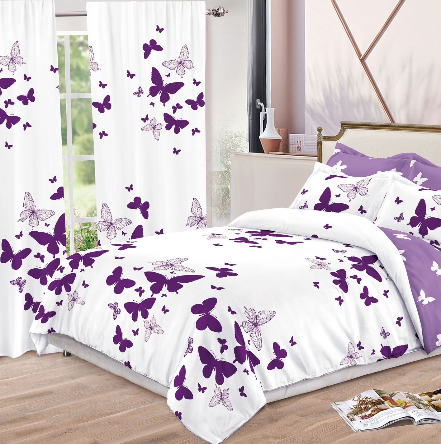Set lenjerie de pat din bumbac finet și draperii-8 piese | 0697-SI