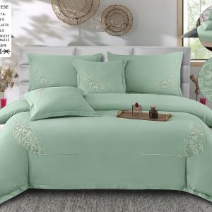 Lenjerie de pat din bumbac neted cu broderie-6 piese | 1066-CM