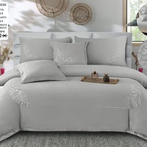 Lenjerie de pat din bumbac neted cu broderie-6 piese | 1067-CM