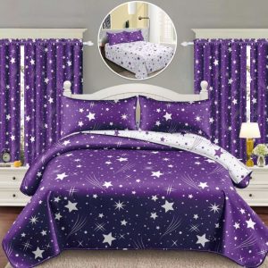 Lenjerie de Pat Finet Bumbac 1 Persoana – 4 Piese + 2 Draperii Asortate | Set Complet cu Design Modern | COD: 1459-S